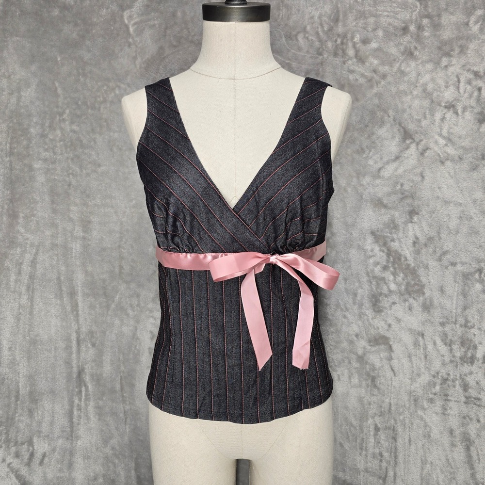 Y2K Vtg Charlotte Russe Top Womens L Grey Pink Pinstripe Ribbon Coquette Empire